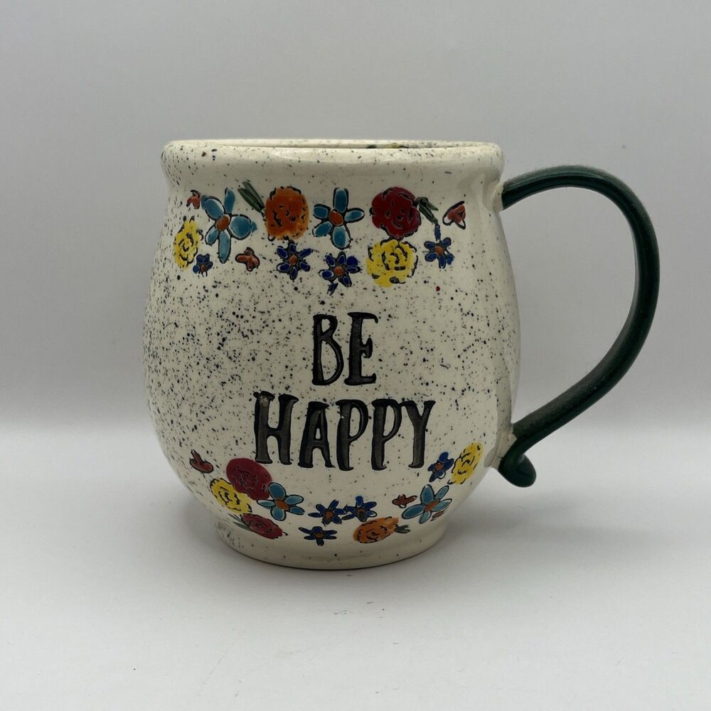 Large tag Stoneware Hand-painted "Be Happy" Mug
